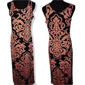 JON AND ANNA Soft Flowy Orange Print in Black Maxi Dress Large